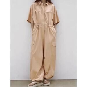 NWT Zara Cargo Jumpsuit SZ M Caramel Khaki Color W/Pockets Snaps & Drawstrings